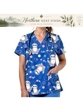 Women's Medical Scrub Top V-Neck Short Sleeve Polyester Cute Print Uniform